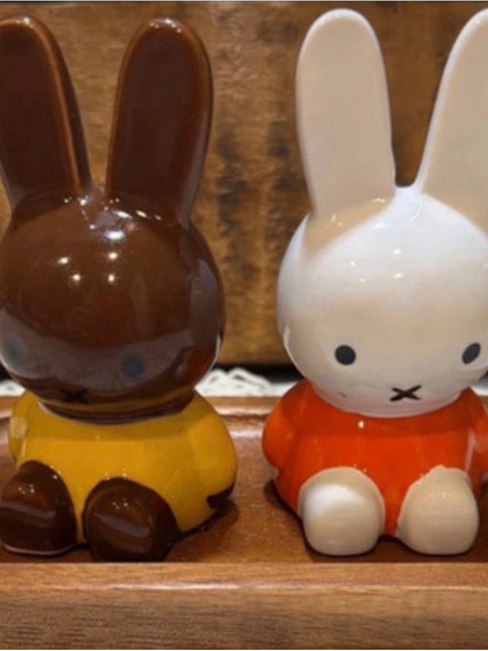 NWT miffy and Molly  Ceramic Bunny Pair in White, Brown, Yellow & Orange